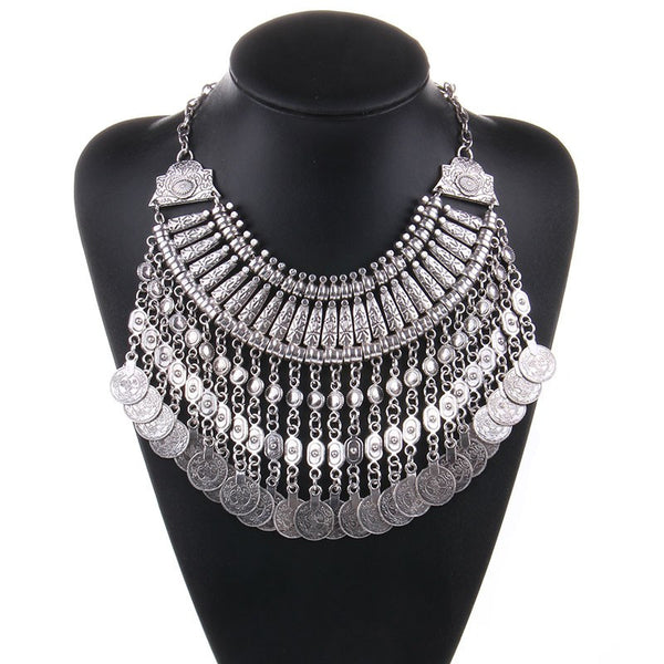 2016 Collar Coin Necklace & Pendant Vintage Crystal Maxi Choker Statement Silver Collier female Boho Big Fashion Women Jewellery