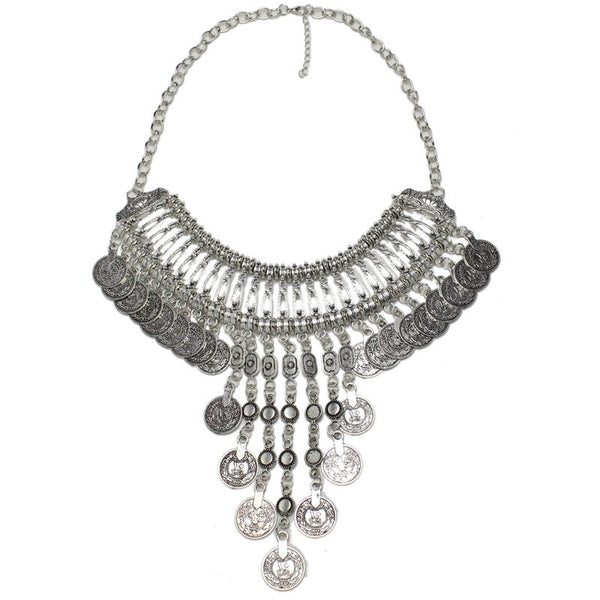 2016 Collar Coin Necklace & Pendant Vintage Crystal Maxi Choker Statement Silver Collier female Boho Big Fashion Women Jewellery