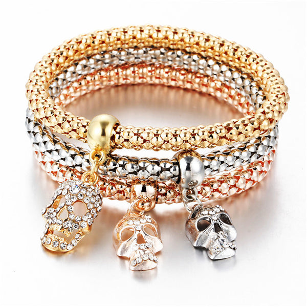 3Pcs/set Crystal Music Bracelet Rhinestone Charm Skull Gold Color Heart  Party Jewellery Bracelets&Bangles For Women 2016 Love