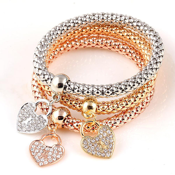 3Pcs/set Crystal Music Bracelet Rhinestone Charm Skull Gold Color Heart  Party Jewellery Bracelets&Bangles For Women 2016 Love