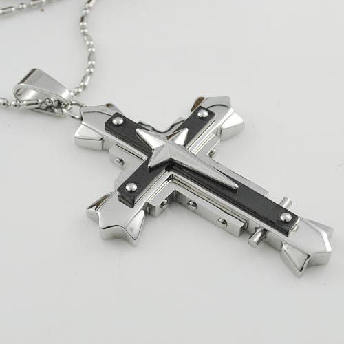 Retro fashion jewellery mens star cross pendant necklace 2 layer stainless steel 2017 new free shipping