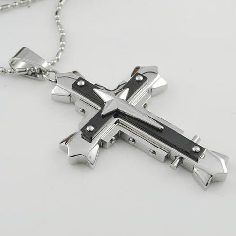 Retro fashion jewellery mens star cross pendant necklace 2 layer stainless steel 2017 new free shipping