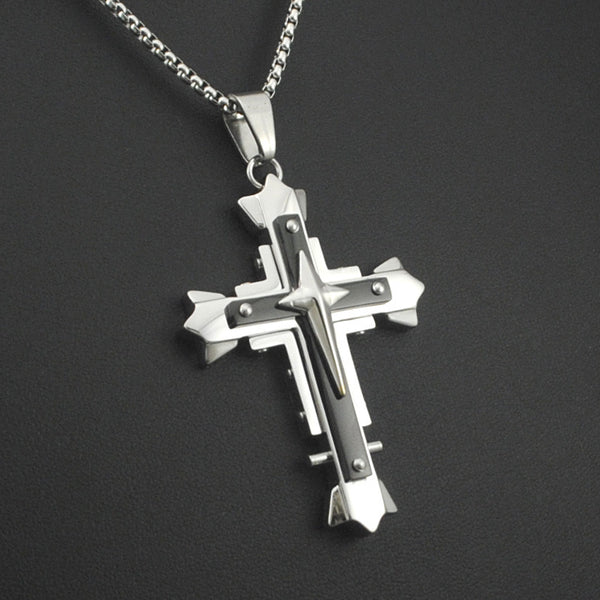 Retro fashion jewellery mens star cross pendant necklace 2 layer stainless steel 2017 new free shipping