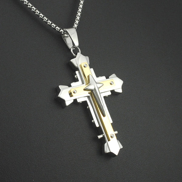 Retro fashion jewellery mens star cross pendant necklace 2 layer stainless steel 2017 new free shipping