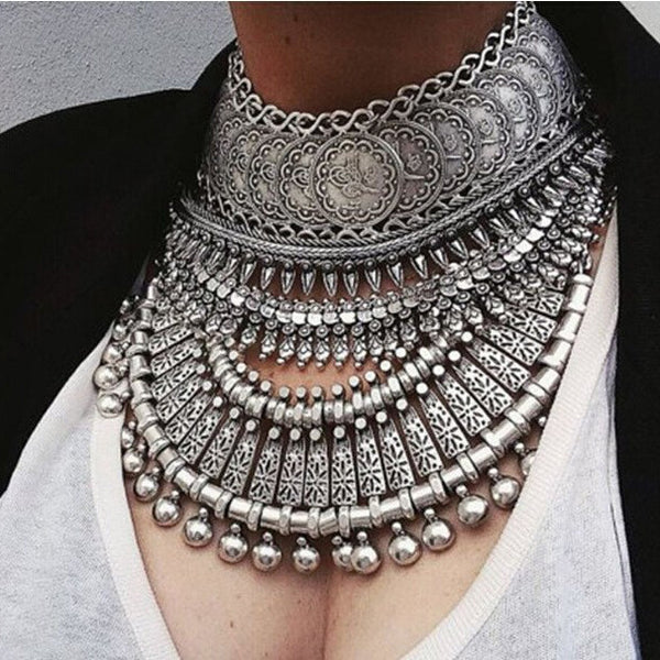 2016 Collar Coin Necklace & Pendant Vintage Crystal Maxi Choker Statement Silver Collier female Boho Big Fashion Women Jewellery