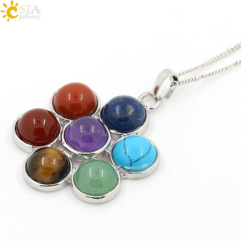 CSJA 7 Chakra Natural Stones Reiki Healing Charm Jewelry Flower of Life Pendant Necklace Yoga Jewellery Pendants Amulet E036