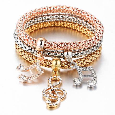 3Pcs/set Crystal Music Bracelet Rhinestone Charm Skull Gold Color Heart  Party Jewellery Bracelets&Bangles For Women 2016 Love